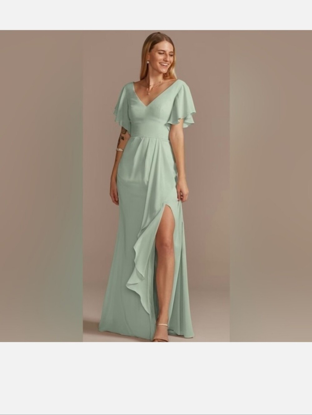 David’s Bridal Long Flutter Sleeve Bridesmaid Dress- Size 14 Dusty Sage